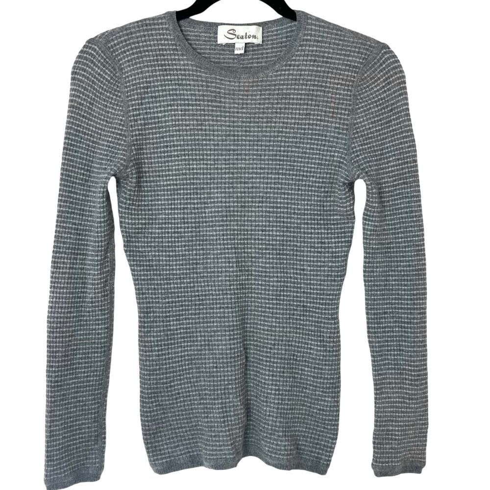 Seaton Ribbed Crewneck Cashmere Sweater Slim Fit Gray Stripe